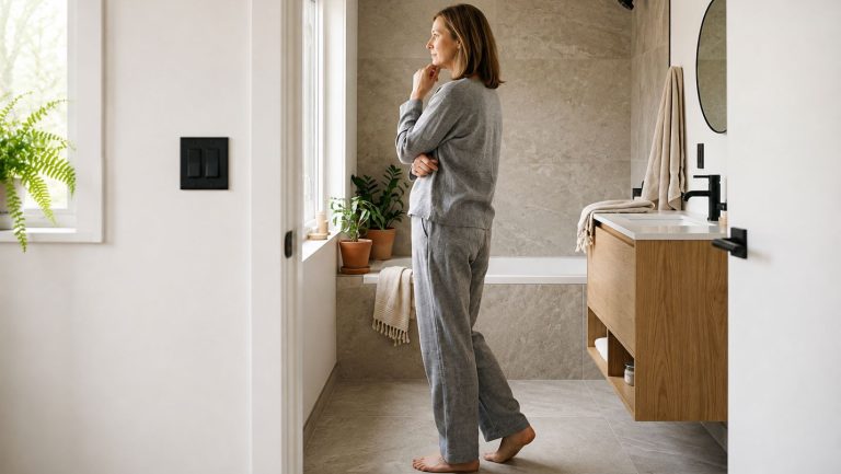 Persona observando un baño moderno antes de plantearse una reforma para mejorar la comodidad y la funcionalidad del espacio.<br/>